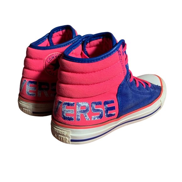Converse Sneakers Juniors 5 Womens 7 Hot Pink Blue Spell Out High Top Shoes RARE - Picture 11 of 11